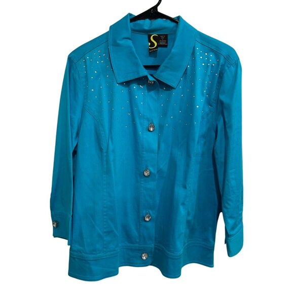 Sportelle Turquoise Studded Jacket Rhinestone Buttons 3/4 Sleeves Sz Large - Picture 1 of 8